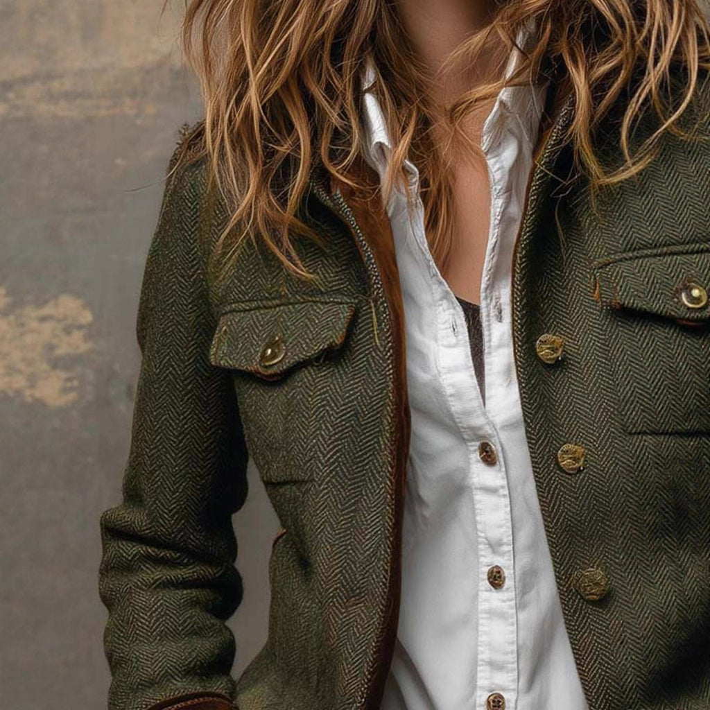 Vintage Herringbone Pattern Tweed Blazer With Velvet Trim