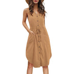 Sleeveless V-neck Buttoned Dress With Pockets Fashion Casual Waist Tie Design Summer Dress Womens Clothing