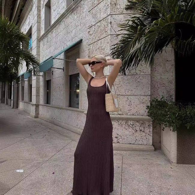 Knitted Sunken Stripe Long Dress Summer Women Main Image