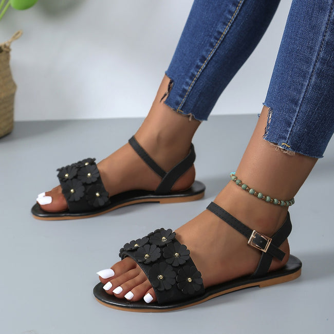 Retro Flowers Sandals Summer Casual Versatile Round Toe Buckle Flat Beach Shoes For Women New Roman Shoes Main Image
