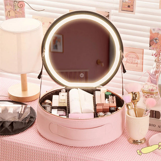 Round Smart LED Makeup Bag With Mirror Lights Women Beauty Bag Large Capacity PU Leather Travel Organizers Cosmetic Case Hover Image