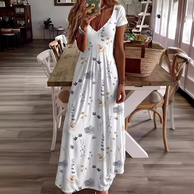 Casual Loose V-neck Printed Long Dress Hover Image