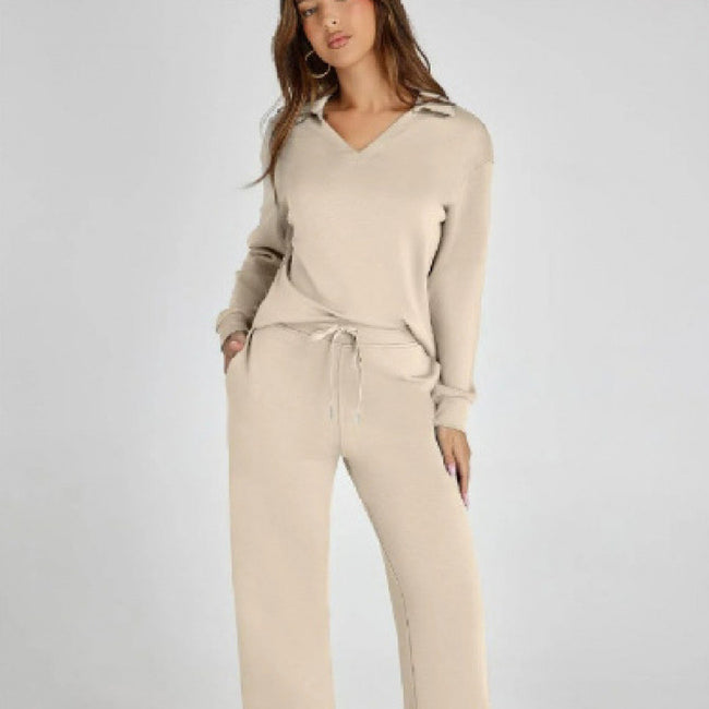 Women's Tracksuit Sports Suit V-neck Long-sleeved Pullover Top And Drawstring Straight-leg Trousers Casual Solid Trousers Set Main Image