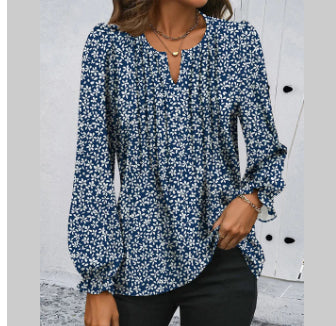 Loose Printed Long Sleeve V-neck Chiffon Shirt For Women