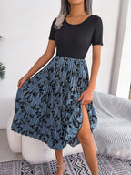 Women   Casual Leaf Print High Waist Pleated Midi Dress