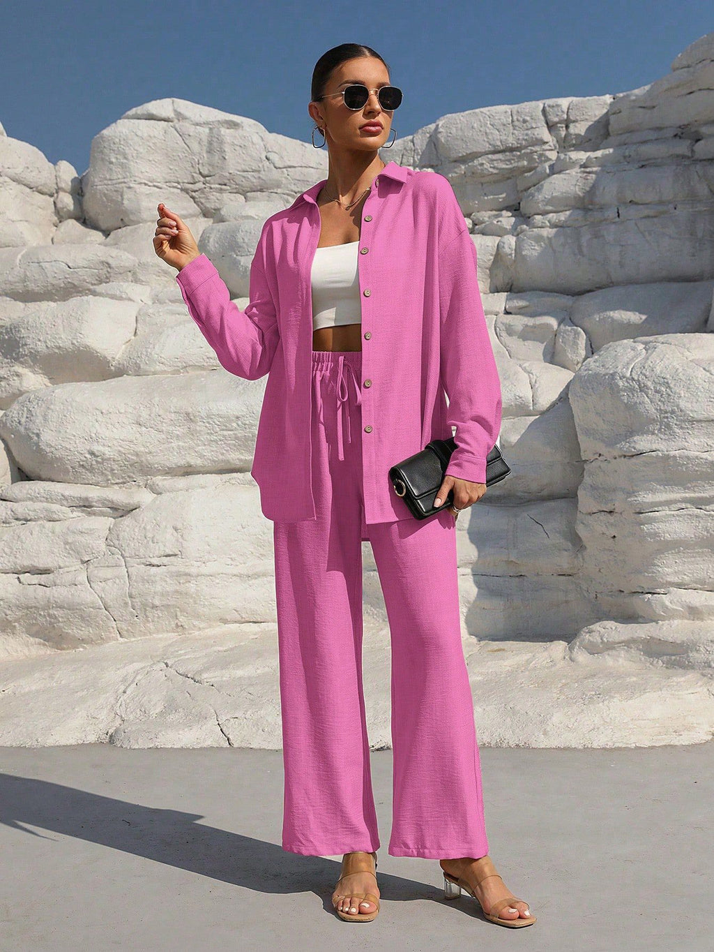 Fashion Graceful Plus Size Women's Long Sleeve Cardigan Two-piece Set Casual Solid Color Suit