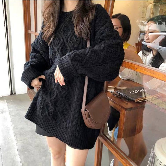 Lazy Style Sweater Women Loose Twist Mid-length Sweater Hover Image
