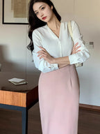 V-neck Long Sleeve Loose Korean Style Summer Business Chiffon Blouse Women