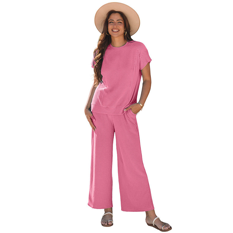 Solid Color Short Sleeve Two-piece Set Women Loose Knit Casual Suit