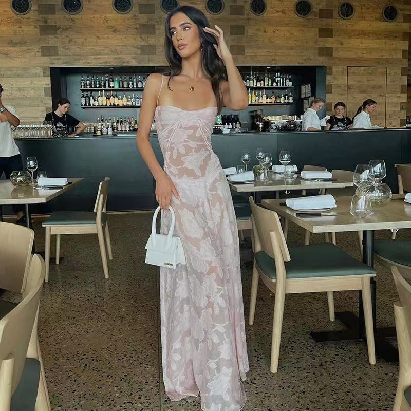 Robe Bretelles en Dentelle Florale Sexy, Mode Été, Robes Longues Slim à Lacets au Dos, Tenue de Soirée Club pour Femme