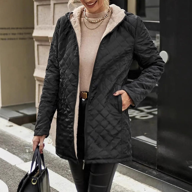Mid-length Small Plaid Hooded Long-sleeved Warm Jacket Main Image