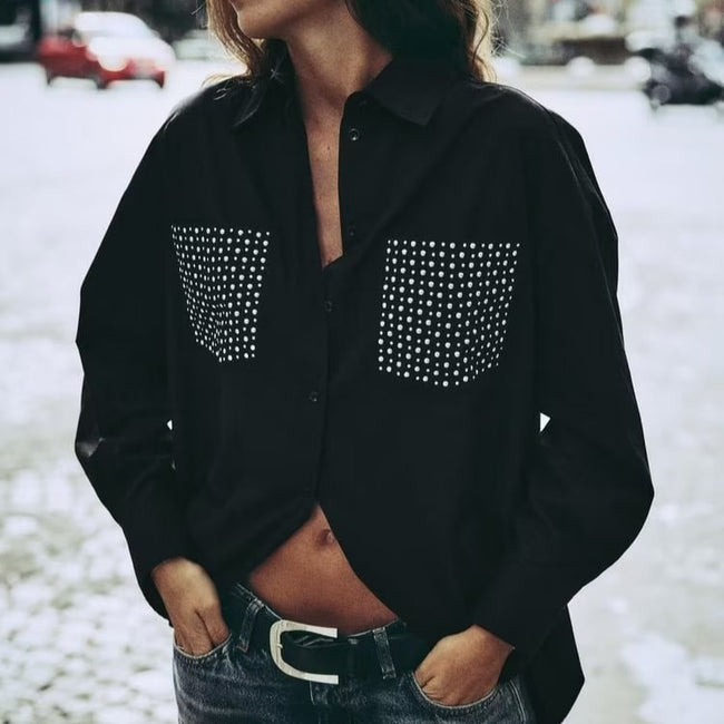 Street Trendy Rivet Ornament Loose Long Sleeve Shirt Women Main Image