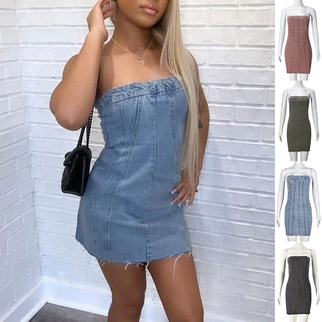 Fashion Backless Tube Denim Dress Summer Sexy Y2K Slim Short Dresses For Women Clothing Hover Image