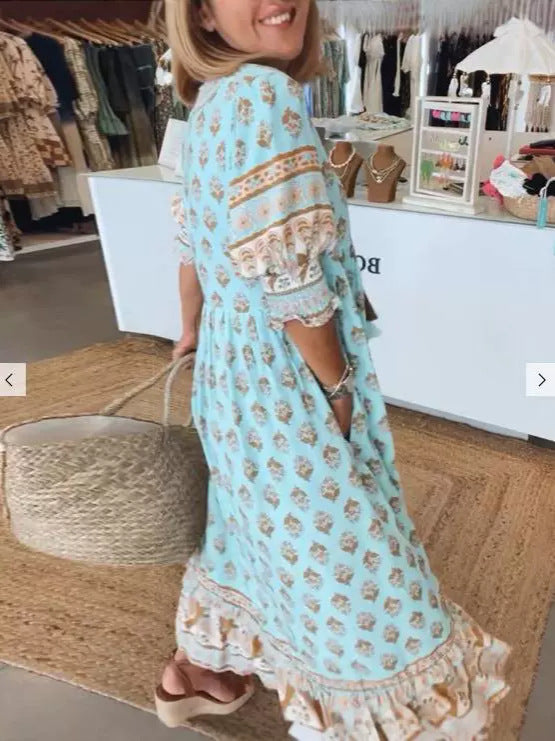 Summer Bohemian Print Lantern-Sleeved Dress Fashion Loose V-Neck Ruffle Long Dress Beach Clothing For Women Main Image