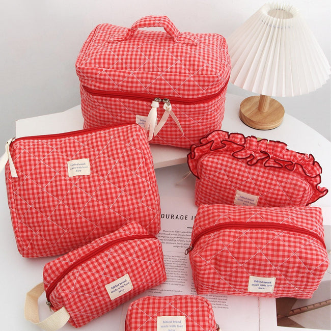 Red Plaid Makeup Bag Portable For Travel Hover Image