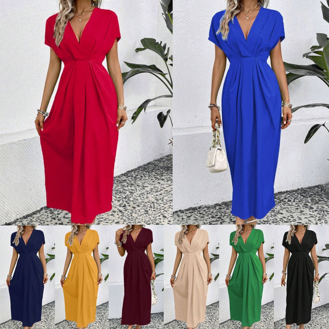 Solid Color Deep V Shoulder Sleeve Folding Elastic Waist Long Dress Main Image