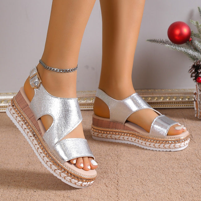 European And American Plus Size Peep Toe Wedge Sandals Round Toe Elastic Band High Heel Sandals Women's Loose High Silver Roman Sandals Women Main Image