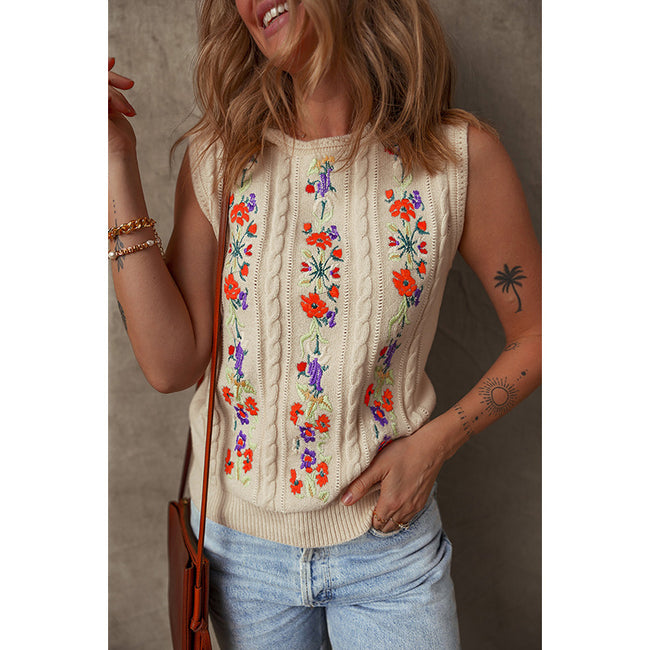 Fashion Floral Embroidered Knitted Vest For Women New Niche Retro Outerwear Sleeveless Top For Women Main Image