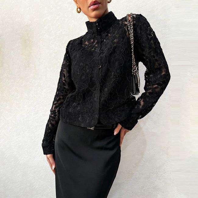 Fashionable Lace Blouse For Women Cardigan-style Top With A Stand-up Collar Main Image
