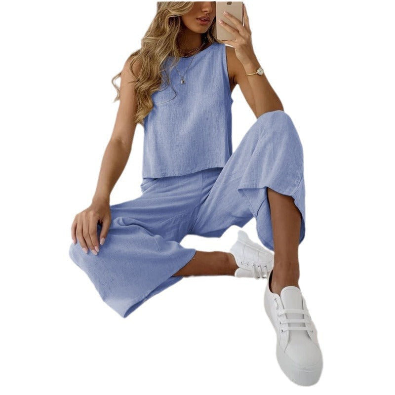 Cotton And Linen Suit Women's Sleeveless Shirt Cropped Wide-leg Pants Two Piece Set