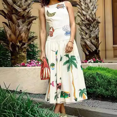Sleeveless Off-neck Printed Backless Dress Hover Image