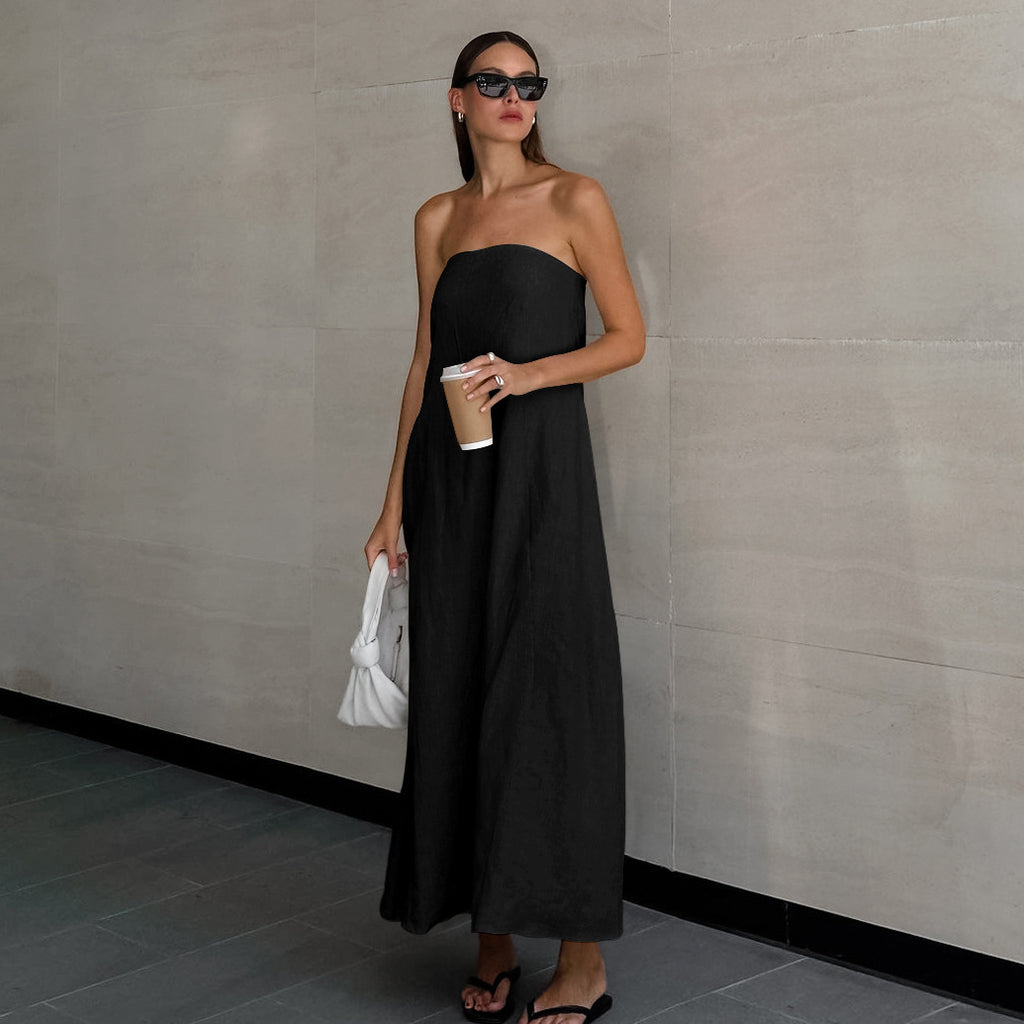 French Style Khaki Cotton Linen Tube Top Vacation Style High Waist Dress