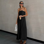 French Style Khaki Cotton Linen Tube Top Vacation Style High Waist Dress