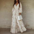 Elegant Women's Hollow Floor V-neck Long-sleeved Plant Dress Long Dresses Spring Summer Print V-neck Long Sleeve Dress