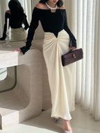 Elegant Sheath Dress With Color-blocking And Pearl Embellishments