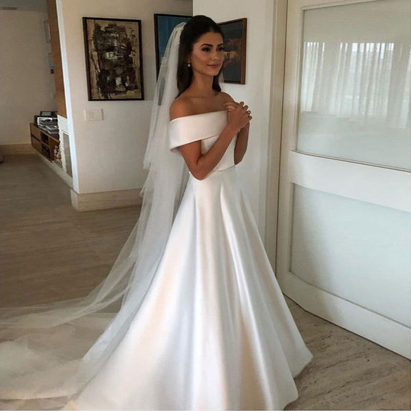 Robe de mariée pour femme, coupe droite, décolleté bateau