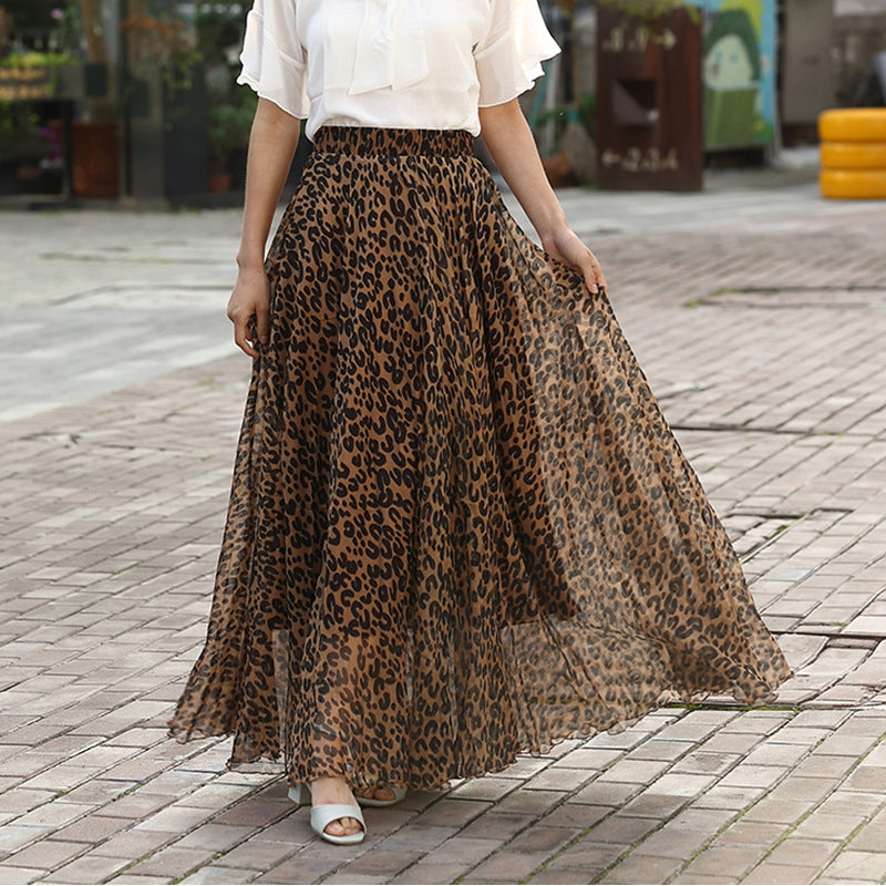 Leopard print sexy chiffon long skirt