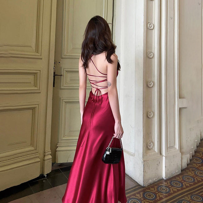 Strap Satin A Swing Backless Dress Women Main Image