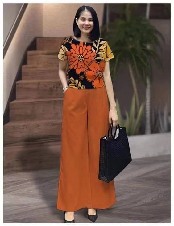 Cross-border Suit Summer Fashion Solid Color Plus Size Loose Short Sleeve Printed Trousers Two-piece Set Main Image