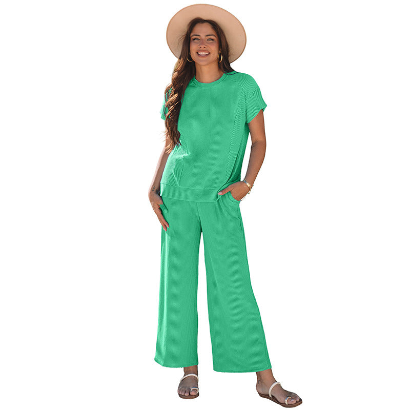 Solid Color Short Sleeve Two-piece Set Women Loose Knit Casual Suit