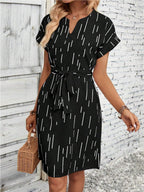 Women's Full Print Slotted Neckline Batwing Sleeve Belt Dress