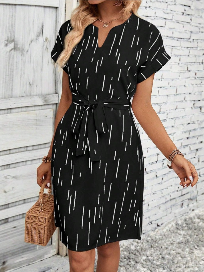 Women's Full Print Slotted Neckline Batwing Sleeve Belt Dress