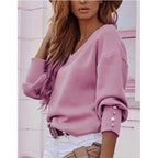 Solid Color Button Long Sleeve V-neck T-shirt Women