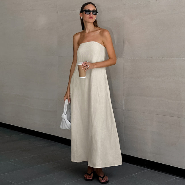 French Style Khaki Cotton Linen Tube Top Vacation Style High Waist Dress Hover Image