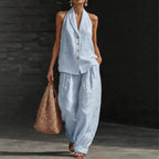 Wide-leg Pants Suit Womens Cotton-linen Fashionable Two-piece Set
