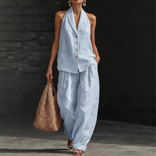 Wide-leg Pants Suit Womens Cotton-linen Fashionable Two-piece Set Main Image