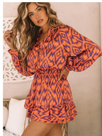 Cross-border Printed Stand Collar Long Sleeve Elastic Waist Bag Liner Dress