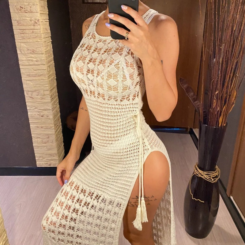 Women's Hollow-out Solid Color Round Neck Sleeveless Tassel Bikini Blouse Dress
