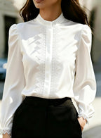 Satin Lace-Patchwork Stand-Collar Shirt Top For Women