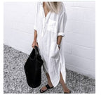 Solid Color Slit Simple Clinch Long Shirt Dress Women