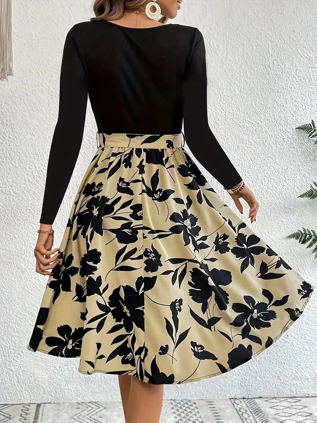 Floral Print Long Sleeve Dress Fashion Round Neck Tie Slim Dress Women's Clothing Main Image