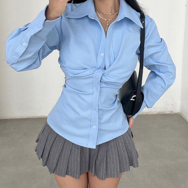 Fashion Design Sense Buttoned Waist Long Sleeve Shirt Women Hover Image
