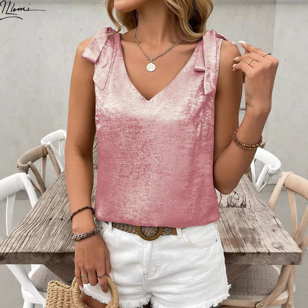 Womens Gold-Embossed V-Neck Lace-Up Bow-Knot Sleeveless Camisole