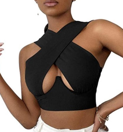 V Neck Cross Cut Zipper Short Umbilical Vest Women