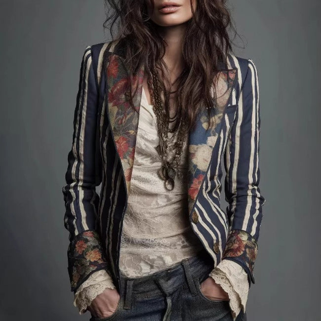 Women's Bohemian Color-Block Striped Blazer Hover Image