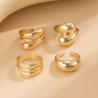 A Set Of 4 Elegant And Minimalist Golden Rings, Adjustable Open Rings For Women, Featuring A MultiLayer Spiral And Teardrop Geometric Design, Suitable For All Seasons